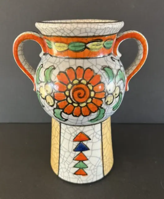 Vintage Raku Art Deco Pottery Handled Vase Japan
