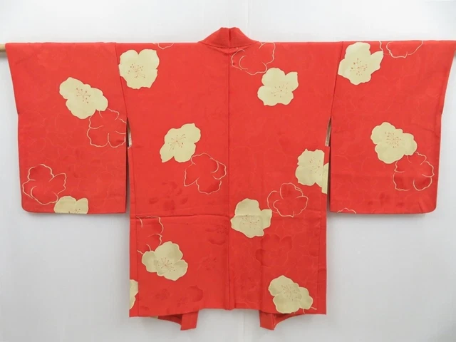 3509T06z550 Vintage Japanese Kimono Silk HAORI Flower Orangered