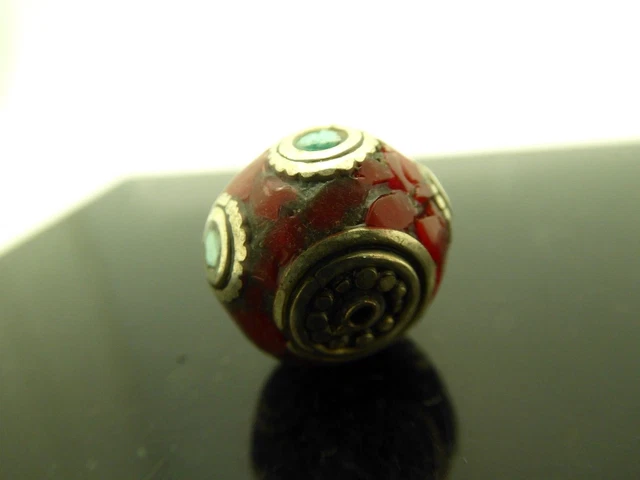 Vintage Nepalese Natural Inlaid Coral Turquoise Rondelle Pendant Focal Bead 1 Pc 9