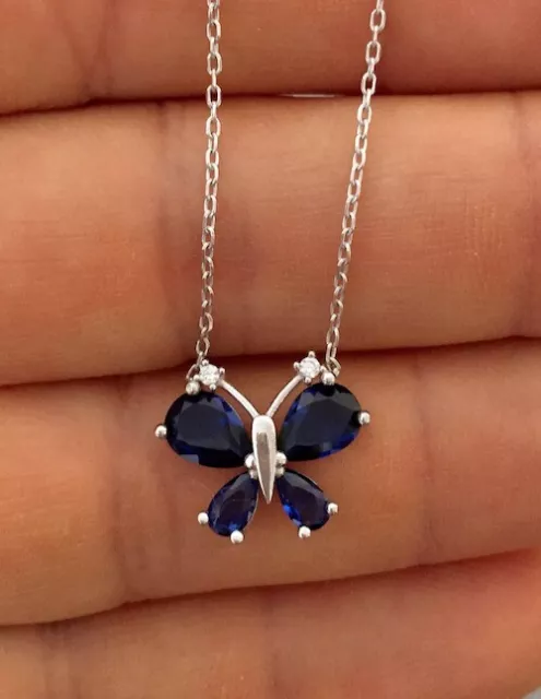 14k White Gold Plated Pear Cut Simulated Blue Sapphire Butterfly Pendant Chain