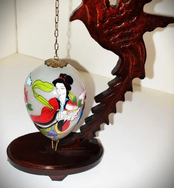 VINTAGE Asian REVERSE HAND PAINTED HAND-BLOWN GLASS EGG w/ Carved Dragon Stand
