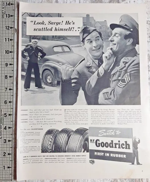 1941 B.F Goodrich Vintage Print Ad Tire Army Sergeant Military Navy Car Flat B&W