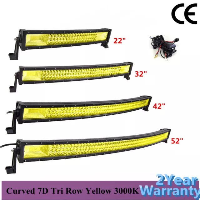 Yellow 22 32 42 52inch Curved 3-Row LED Fog Light Bar Offroad For Jeep 4x4 Truck