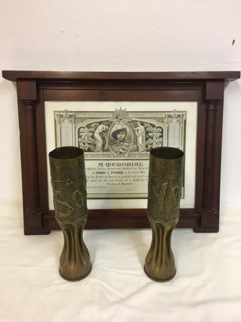 WW1 Trench Art Shells & Framed Memorial Certificate