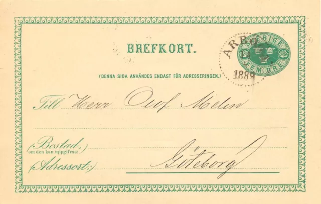 SCHWEDEN 1889, "ARBOGA" K1 glasklar a. 5 (FEM) Öre grün GA-Postkarte, Kab.