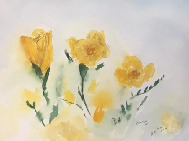 Watercolor Painting, Flowers, Yellow, Medium Size, Valued at over $40, Signed
