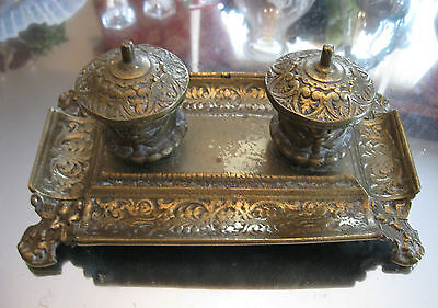 Antique Victorian  1800'S Rare  Complete  Heavy Brass Footed  Double Ink Well