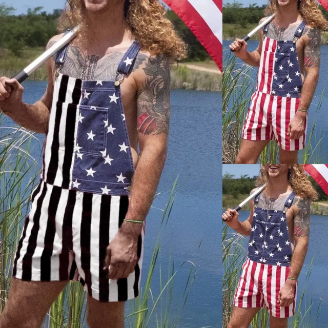 MEN'S SUSPENDER JUMPSUITS Bib Pants American Flag Print Straight ...
