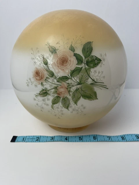 Vtg GWTW 8" Round Hurricane Oil Glass Lamp Shade Globe Amber Yellow Pink Roses 11