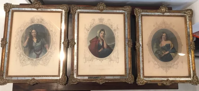 Set Of Three Beautiful 19Th Century Engravings In Three Mirrored 19Th C. Frames