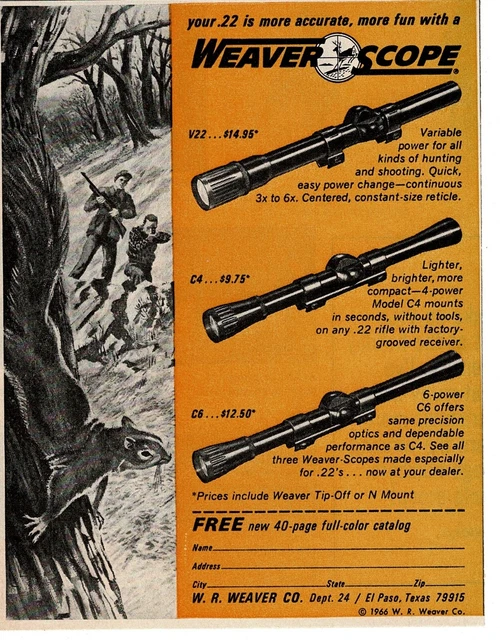 1966 WEAVER Rifle Scopes V22 C4 C6 Vintage Print Ad