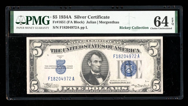 DBR 1934-A $5 Silver Fr. 1651 FA Block PMG 64 EPQ Serial F18204972A