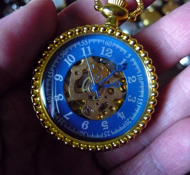7 Orologi a Cipolla Moderni Cassa Blu Cromata Meccanismo a Vista per Uomo/Donna