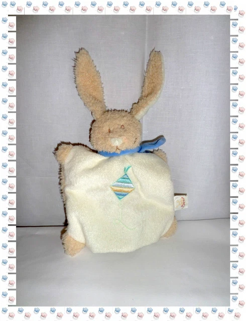 N - Doudou Plat Marionnette Lapin Blanc Beige Echarpe Bleue Bengy