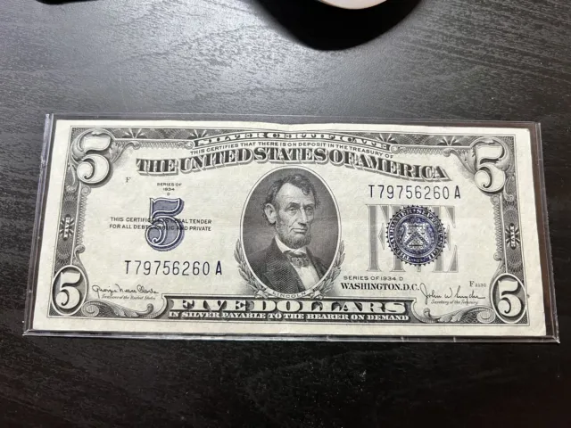 1934 D $5 Five Dollar Silver Certificate Blue Seal Note AU++ T79756260A
