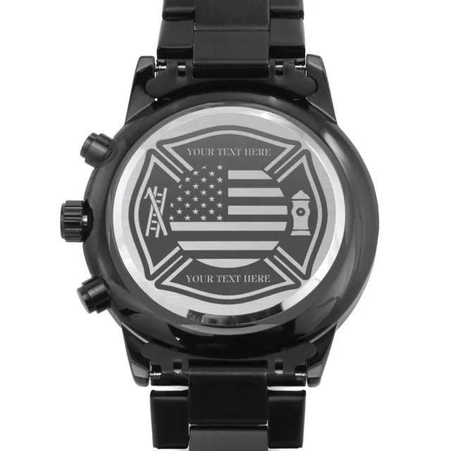Personalized American Firefighter Laser-Engraved Watch. Custom US Maltese Cross