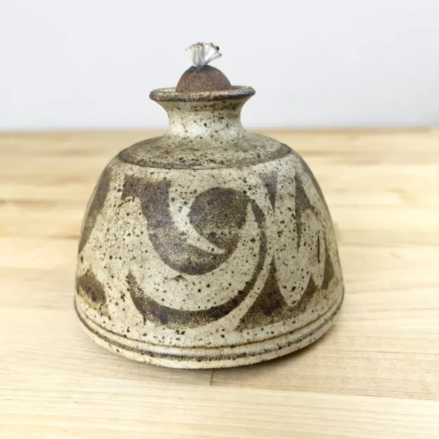 Stoneware Pottery Oil Lamp Artist Signed 4" Circular Brown Abstract Vintage