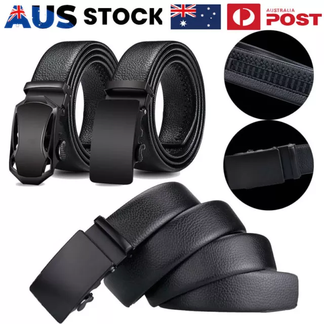 Mens Automatic Buckle Ratchet Belt Black Leather Waistband Jeans Adjustable AU