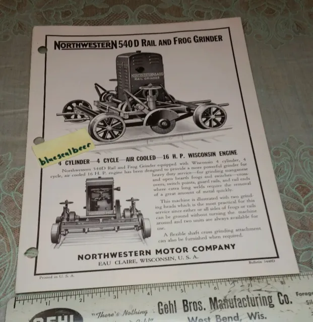1940's  Brochure Northwestern RR Railroad  540D Rail Frog Grinder Eau Claire WI