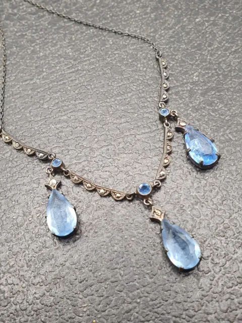 Antique Edwardian Art Deco 935 Silver Cornflower Blue Glass Fringe Necklace 16"