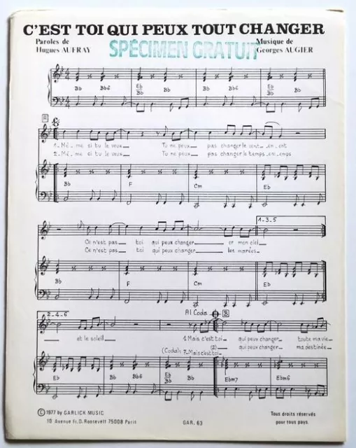 Partition vintage sheet music HUGUES AUFRAY : C'est Toi Qui Peux * 70's Augier