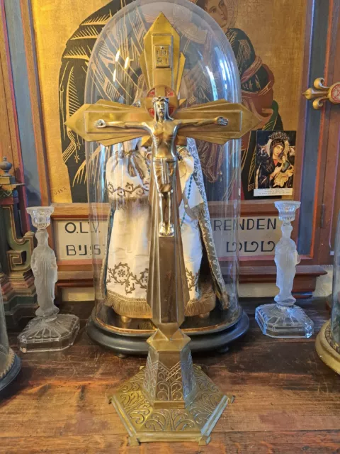 Big ArtDeco Antique Altar Church Standing Bronze Signed DG Cross Crucifix Corpus