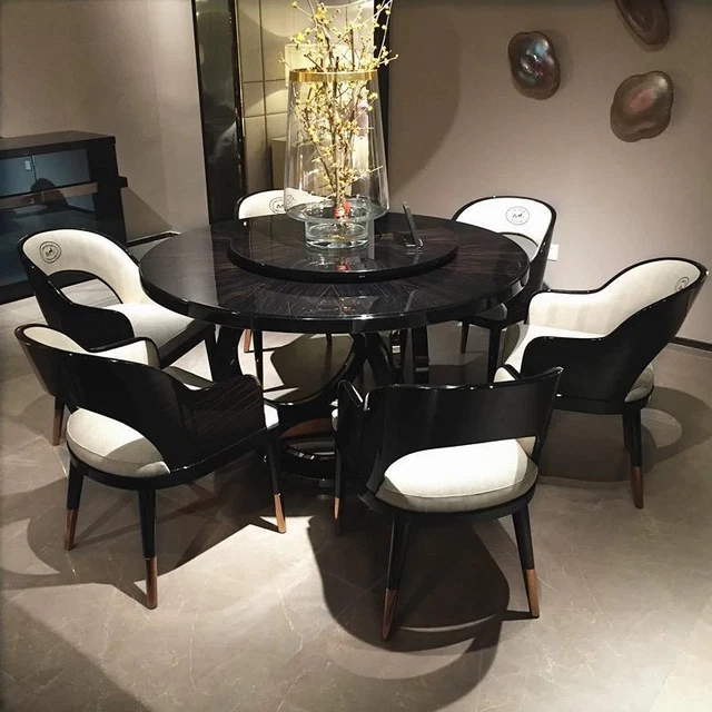 Tables Noble Wood Round Plus Six Chairs Dining Room Group Leaning Designer New