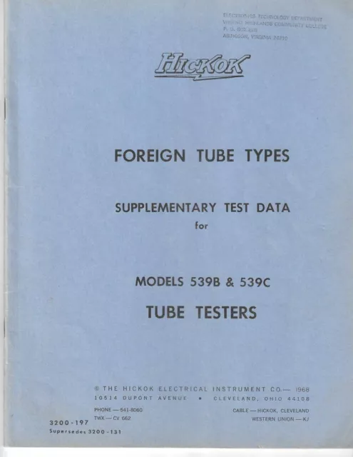 Good Condition Hickok 539B 539C Tube Testers Foreign & Supplemental Data Manual