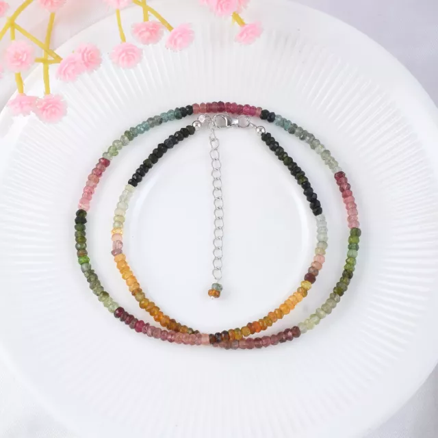 Natural Multi Tourmaline Beads 925 Silver 18" Strand Beaded Necklace For unisex