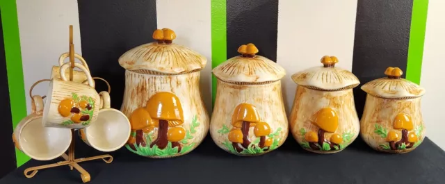 Vintage 8 Piece Arnels Hand Painted Ceramic Merry Mushroom Canister & Cup Set 3