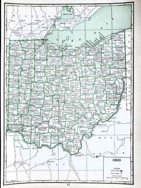 VINTAGE 1940 Ohio Map Akron Dayton Cincinnati Toledo Chillicothe Zanesville Kent