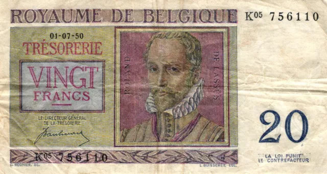 05 Belgium / Belgien P132a 20 Francs 1950