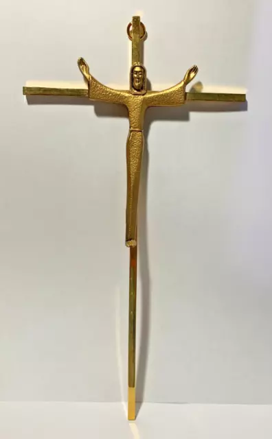 Vintage Brass Metal Crucifix Cross Jesus Mid Century Modern MCM Wall Hanger
