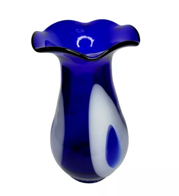 Vintage Murano Art Glass Millefiori Ruffle Cobalt Blue White Hand Blown Vase