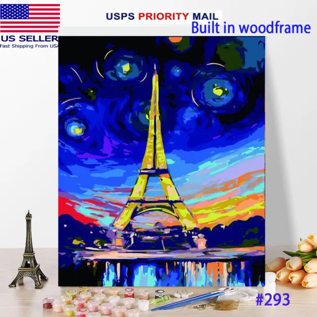 Wooden Framed  DIY Oil Painting Paint by Number Kit for Adults kid Eifflel tower