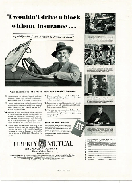 1937 LIBERTY MUTUAL Insurance Co man driving convertible Vintage Print