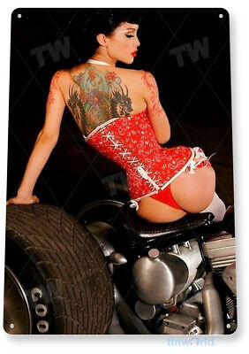TIN SIGN Seat Cushion Pin-up Girl Motorcycle Garage Pin-up Sign Decor B440
