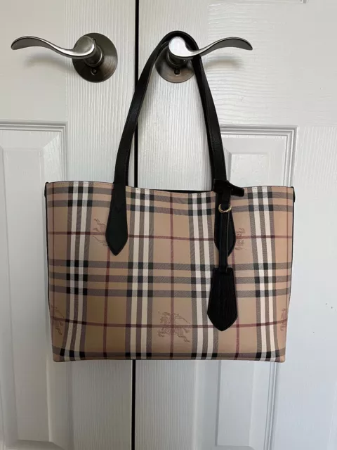 Burberry Small Reversible Check Leather Haymarket Tote Bag Black/Beige