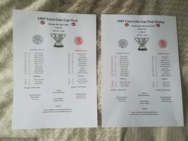 LEICESTER C v MIDDLESBROUGH 1997 COCA-COLA LEAGUE CUP FINAL & REPLAY  T/ SHEET