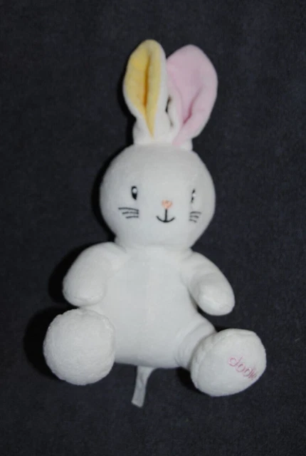 Peluche Doudou Lapin Blanc DODIE Visage Brodé Noir Oreille Jaune Rose 24Cm TTBE