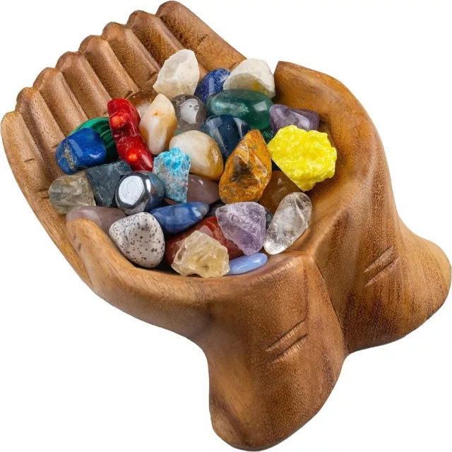 Wooden Carved Hands Offering Bowl  for Key Stone Crystal Storage Display