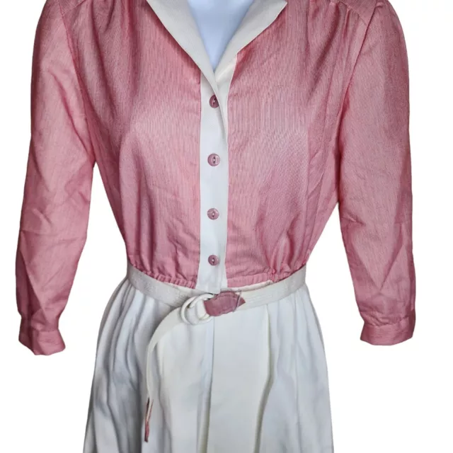 Vintage 70s Shirt Dress Womens Small Pink White Belted Waist Long Sleeve 2