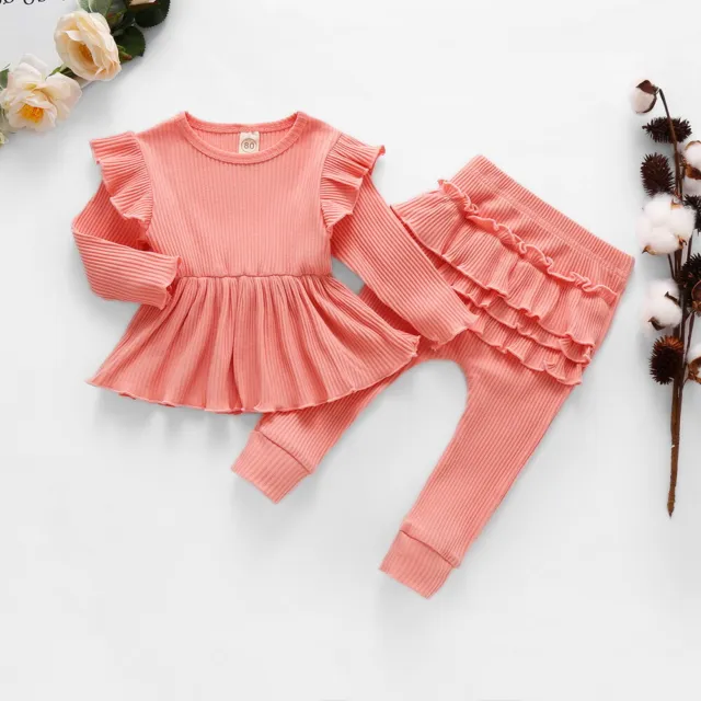 Toddler Baby Girls Kids Clothes Ruffle Ribbed Long Sleeve Tops+Pants Set Outfits 5