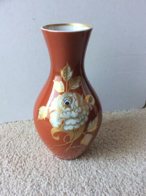 Wallendorfer Porzellan Vase rotbraun mit Goldrelief Blume handbemalt DDR 1966-