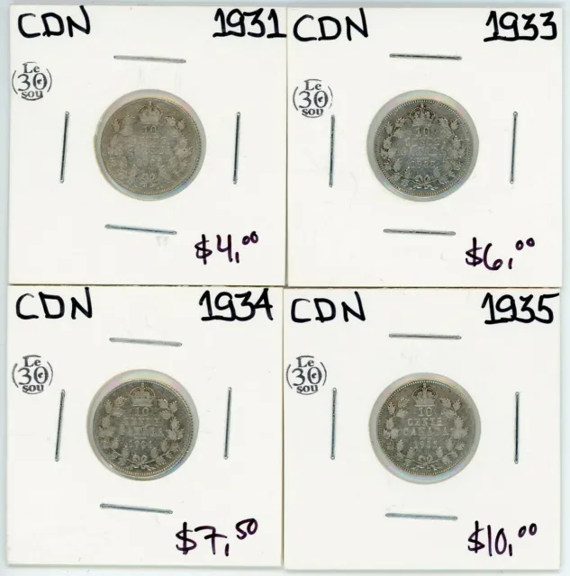 1931 1933 1934 1935 Canada 10 Cents Silver Lot of 4 #17449