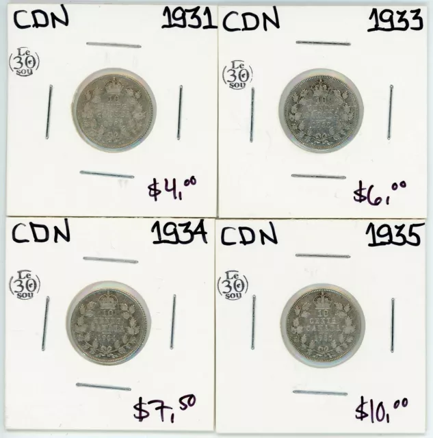 1931 1933 1934 1935 Canada 10 Cents Silver Lot of 4 #17449