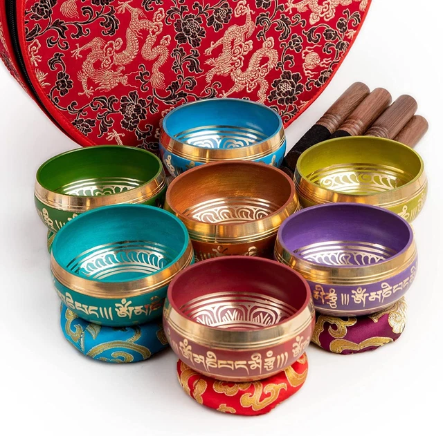 Tibetan Singing Bowls Set Of 7 Chakra Color for Meditation Mindfulness with...