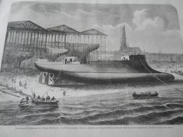 Gravure 1864 - Le Bélier cuirassé le Sphinx à Bordeaux