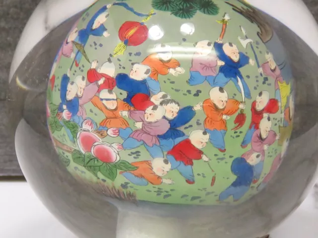 Large Chinese Reverse Painted Paperweight Glass Ball on Stand Signed Children