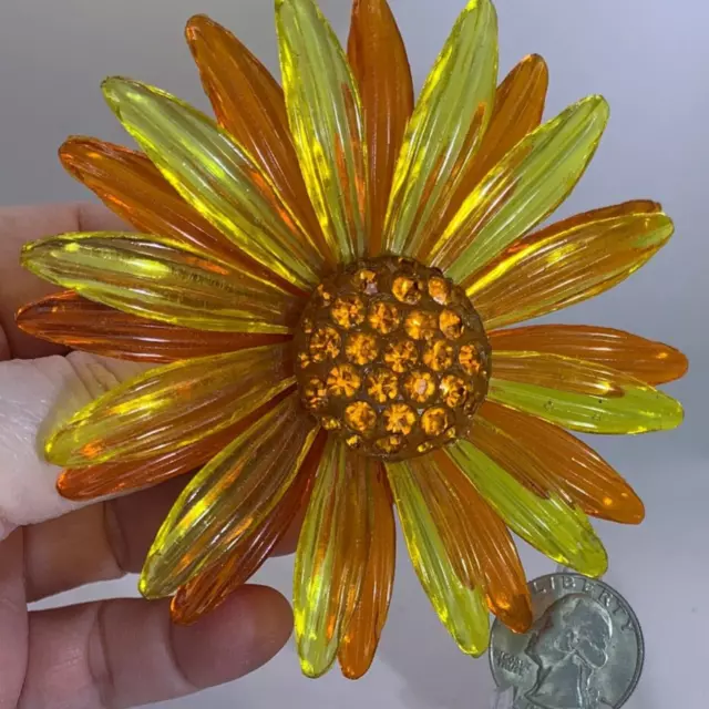 Flower Daisy Layered Orange Yellow Rhinestone Vintage Plastic Brooch M-4082 HUGE